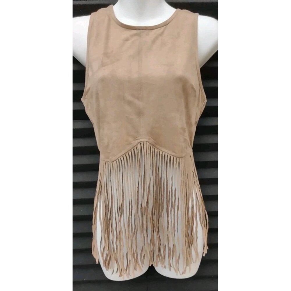 So It Is Fringed Brown Tank Top Women Size Medium Boho Western Faux Suede